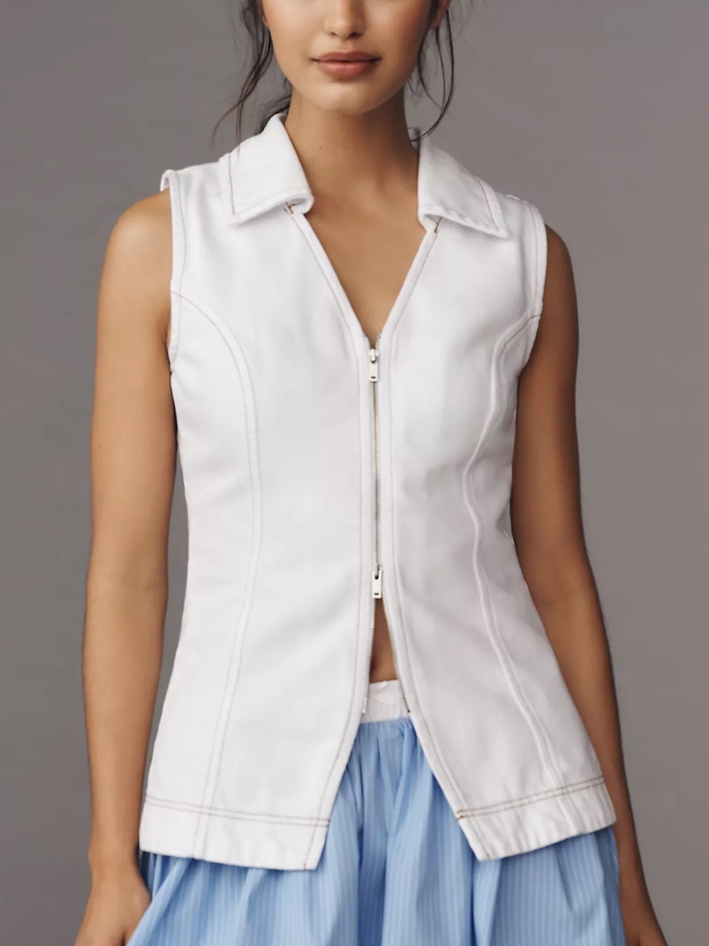 Aligne Women's White Sleeveless Zip-Front Denim Vest / Tank